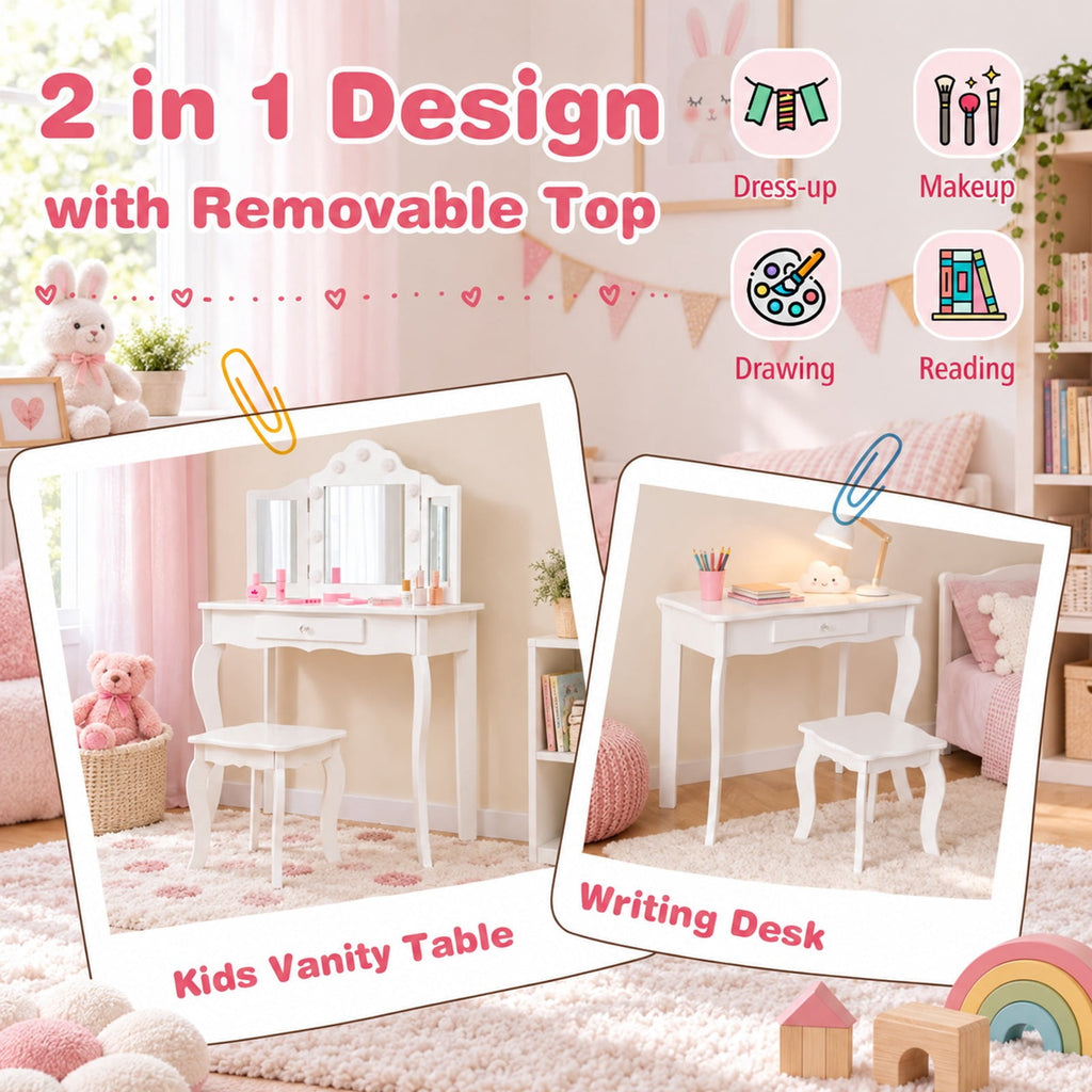 Airfind Kid Vanity Table Stool Set with Tri-Folding Mirror and 3-Color LED Lights, 66 lbs Capacity, P2 MDF Glass Frame, for 3+ Years Old, White