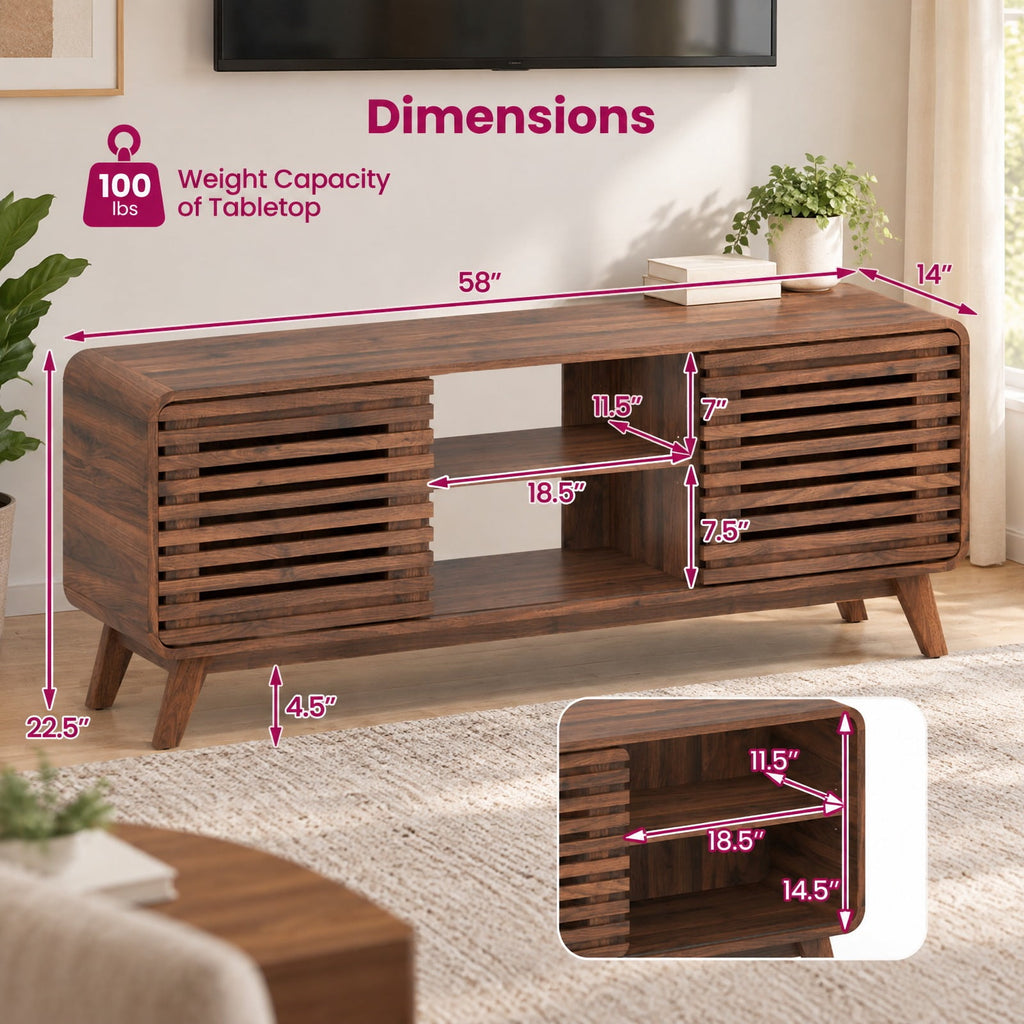 Airfind Mid Century Modern Entertainment Center with Grille-style Sliding Doors for Living Room, 100 lbs Capacity, MDF Engineered Wood Frame, Walnut