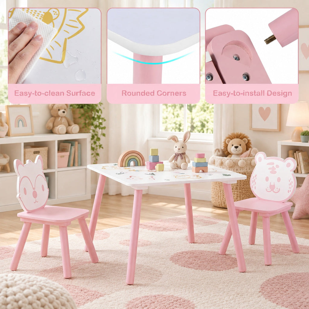 Airfind 3 Pieces Kids Table and Chairs Set with Animal Patterns for Kids, 44 lbs Capacity, Pine Wood Frame, for 3-6 Years Old
