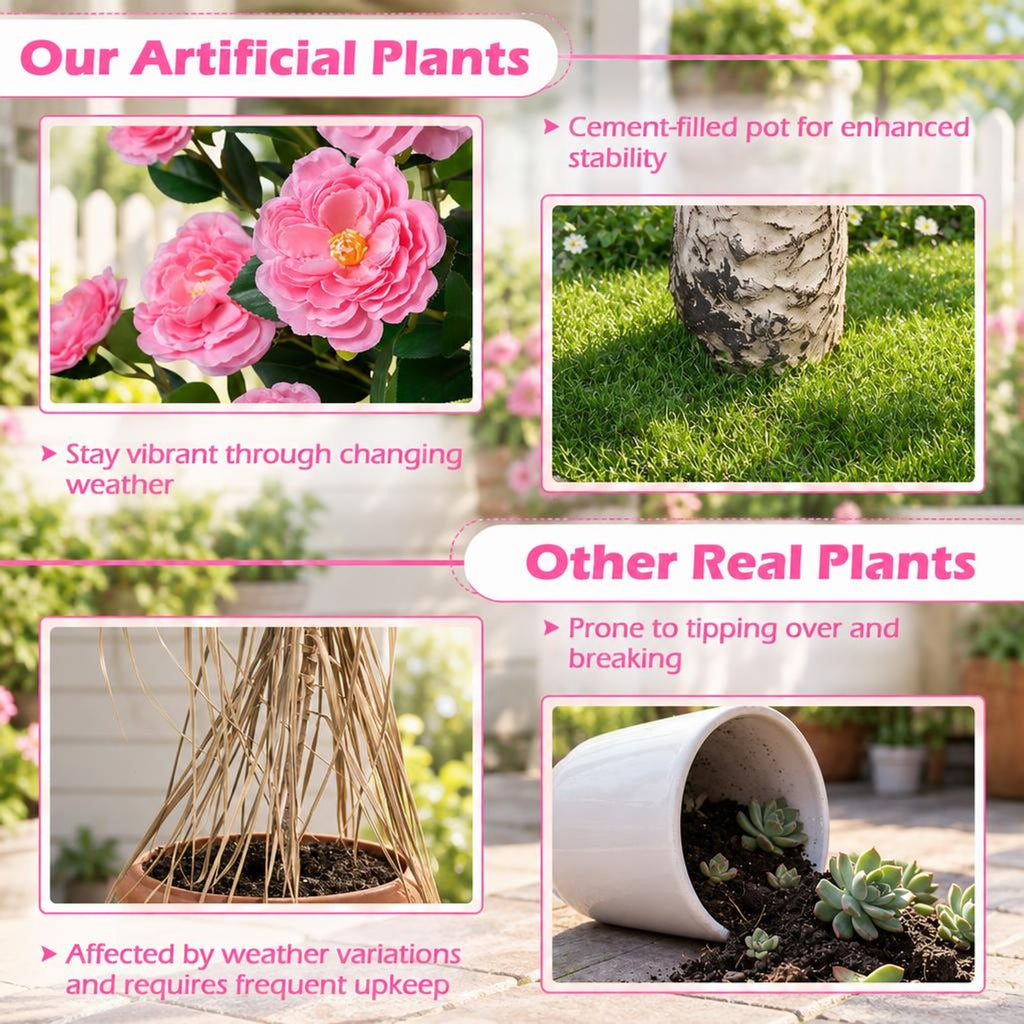 Airfind Set of 2 39.5 Artificial Camellia Tree with Orange Blossoms in Cement Pot for Decoration, Pink