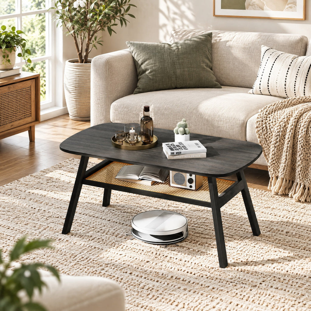 Airfind 2-Tier Rectangular Center Coffee Table with Rattan Storage Shelf and Rubber Wood Legs, 220 lbs Capacity, 39.5 x 22 x 17.5 Footprint