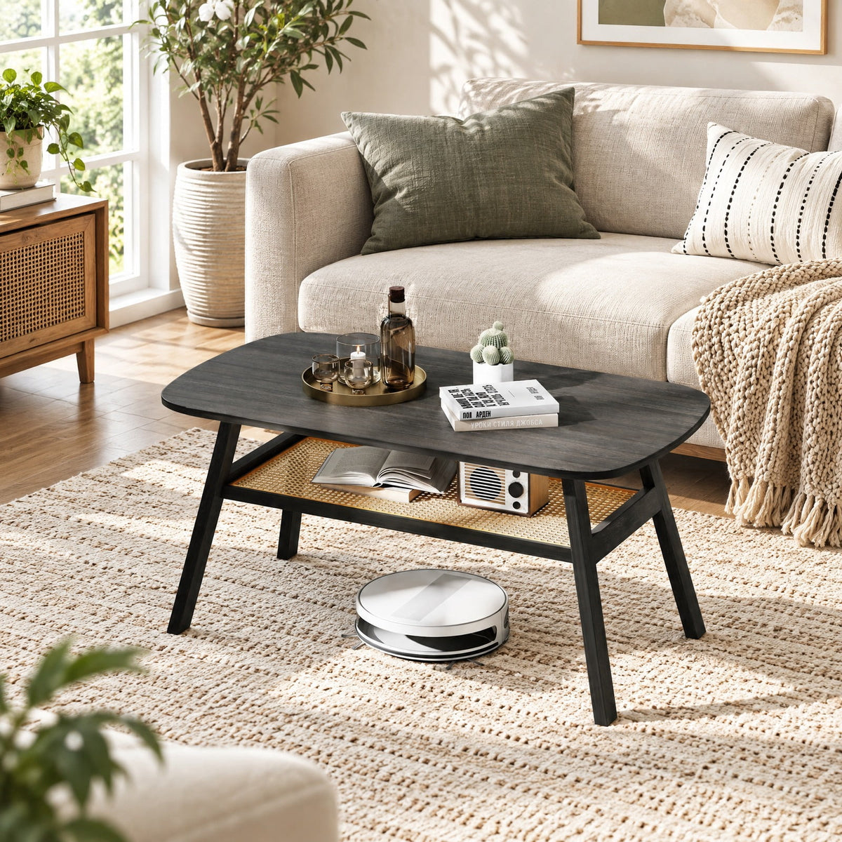 Airfind 2-Tier Rectangular Center Coffee Table with Rattan Storage Shelf and Rubber Wood Legs, 220 lbs Capacity, 39.5 x 22 x 17.5 Footprint
