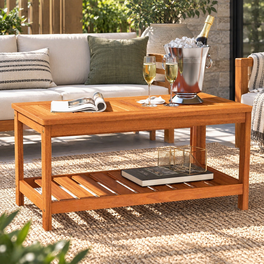Airfind 2-Tier Patio Coffee Table with Slatted Tabletop and Shelf, 110 lbs Capacity, Hardwood Frame, 35.5 Inch x 18 Inch x 17.5 Inch Footprint, Natural
