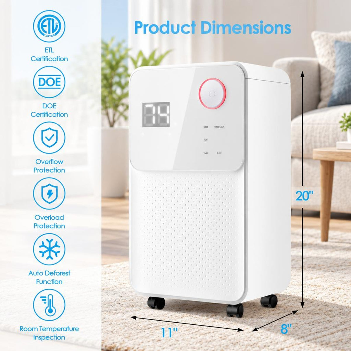 Airfind 32 Pints 2000 Sq. Ft Dehumidifier for Home and Basements featuring 3-Color Digital Display, ABS Frame, 11 Inch x 8 Inchx 20 Inch Footprint, White