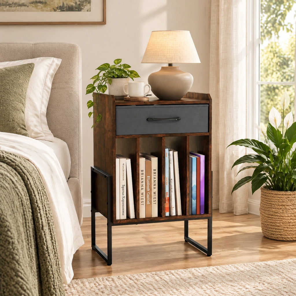 Airfind Record Player Stand with Drawer and Record Holder, 66 lbs Capacity, Engineered Wood MDF Metal Non-woven Fabric Frame, Brown