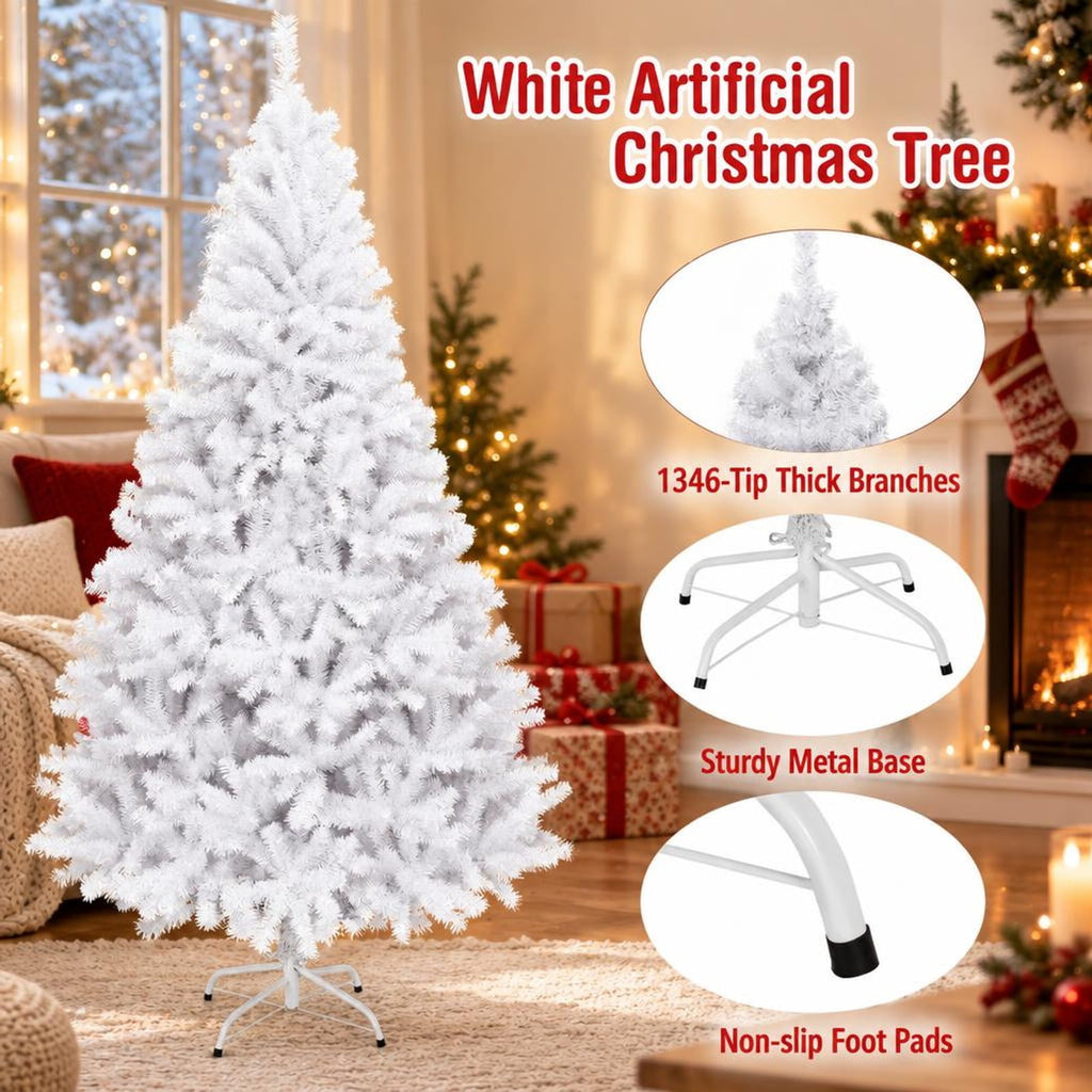 Airfind 6 / 7.5 / 9 Hinged Artificial Christmas Tree with Metal Stand-7.5 ft, PVC iron Frame, φ 3.8 ft x 6 ft Footprint, White