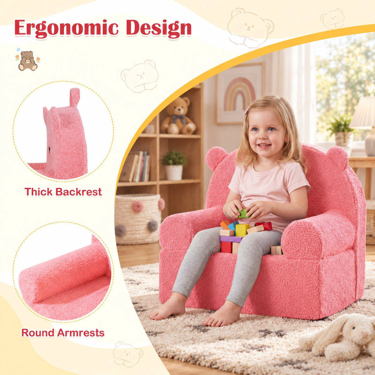 Airfind Kids Bear Sofa Toddler Foam Couch with Soft Fleece Fabric Cover, Teddy Fleece Fabric Frame, for 3+ years old, 20 x 16 x 18 Footprint