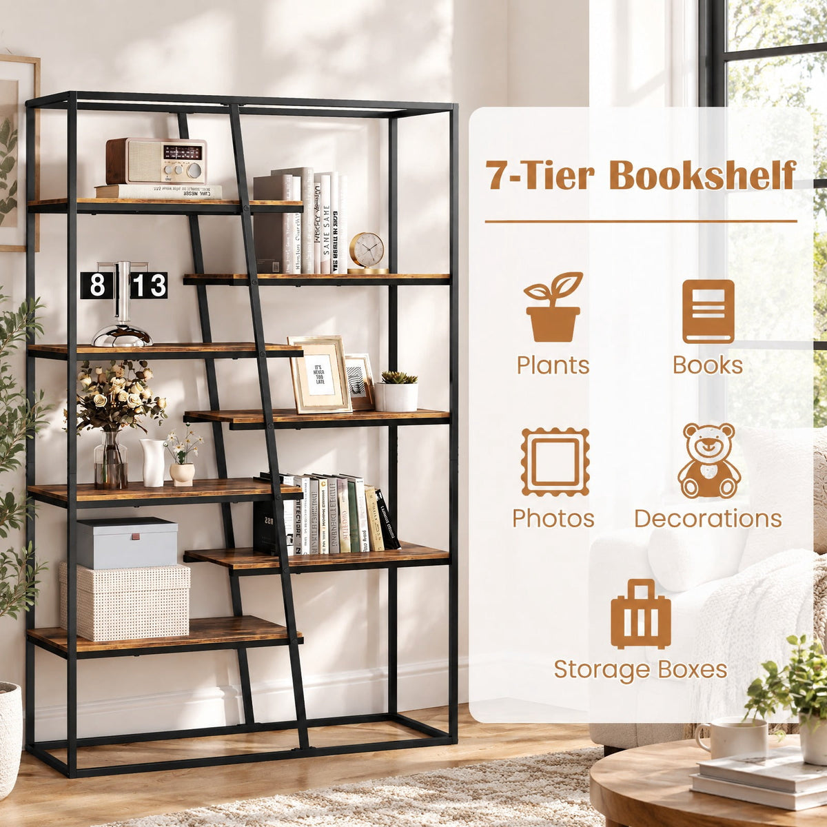 Airfind 71-Inch 7-Tier Industrial Etagere Bookcase with Heavy-duty Metal Frame, Engineered Wood Metal Frame, 45in x 16in x 71in Footprint, Brown