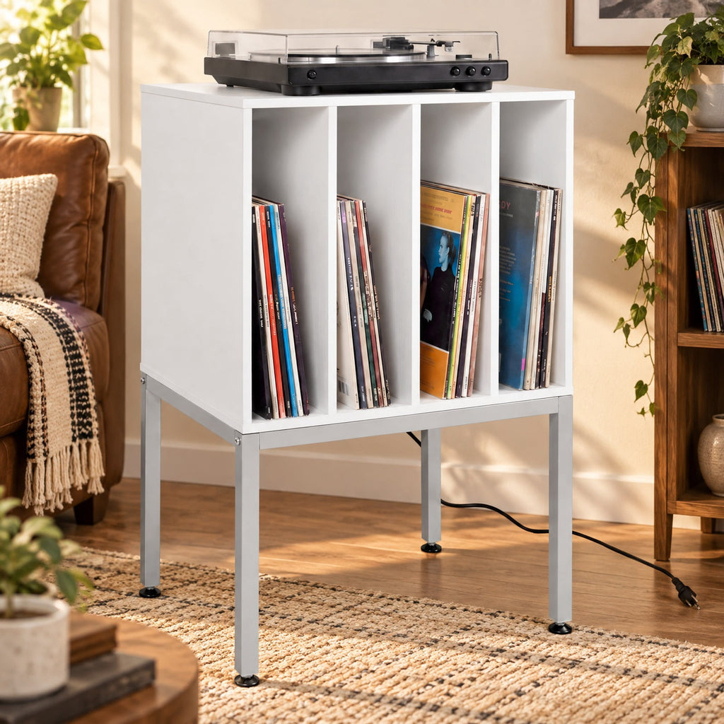 Airfind Turntable Record Player Stand with Power Outlets, 88 lbs Capacity, Engineered Wood Metal MDF Frame, 20 x 16 x 32 Footprint, White
