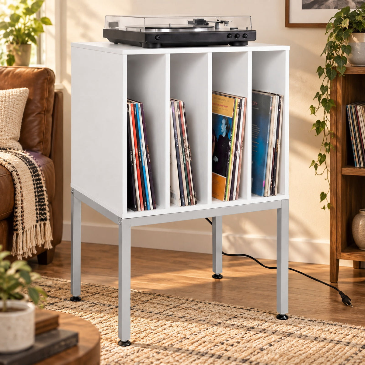 Airfind Turntable Record Player Stand with Power Outlets, 88 lbs Capacity, Engineered Wood Metal MDF Frame, 20 x 16 x 32 Footprint, White