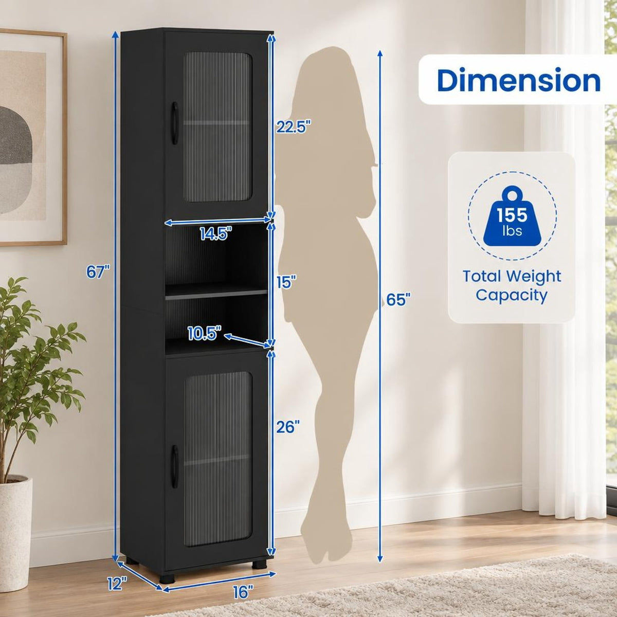Airfind Tall Bathroom Storage Cabinet 67 Inches Freestanding Storage Organizer, 155 lbs Capacity, Engineered Wood MDF Frame, Black