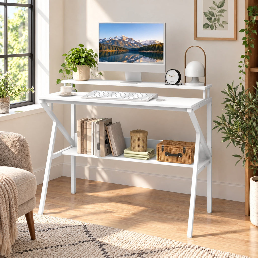 Airfind Space Saving Computer Desk with Monitor Stand and Extra Storage Shelf for Work Study, 200 lbs Capacity, Engineered Wood Metal Frame, White