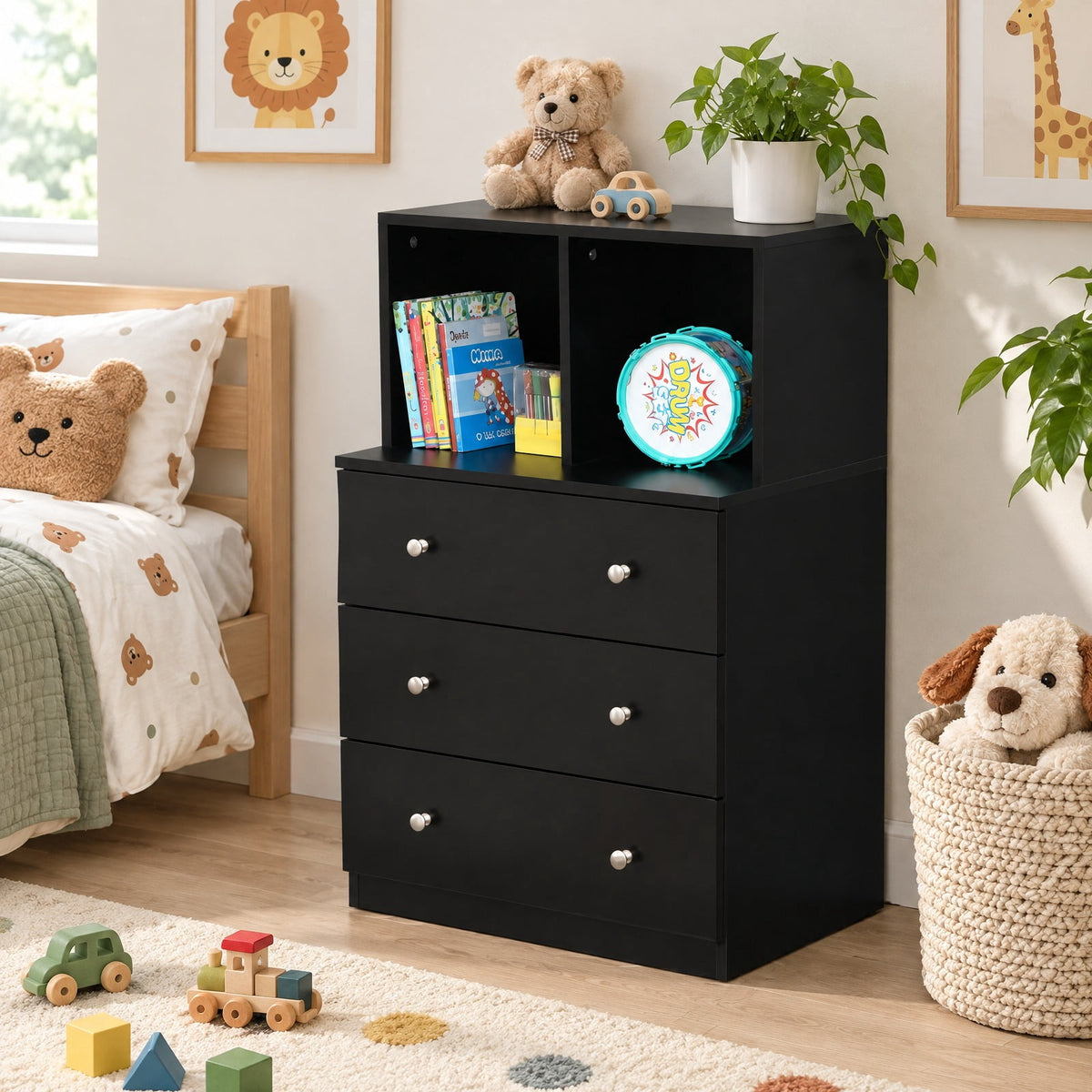 Airfind 3 Drawer Dresser with Cubbies Storage Chest for Bedroom Living Room, Engineered wood metal Frame, 24in x 16in x 37in Footprint, Black