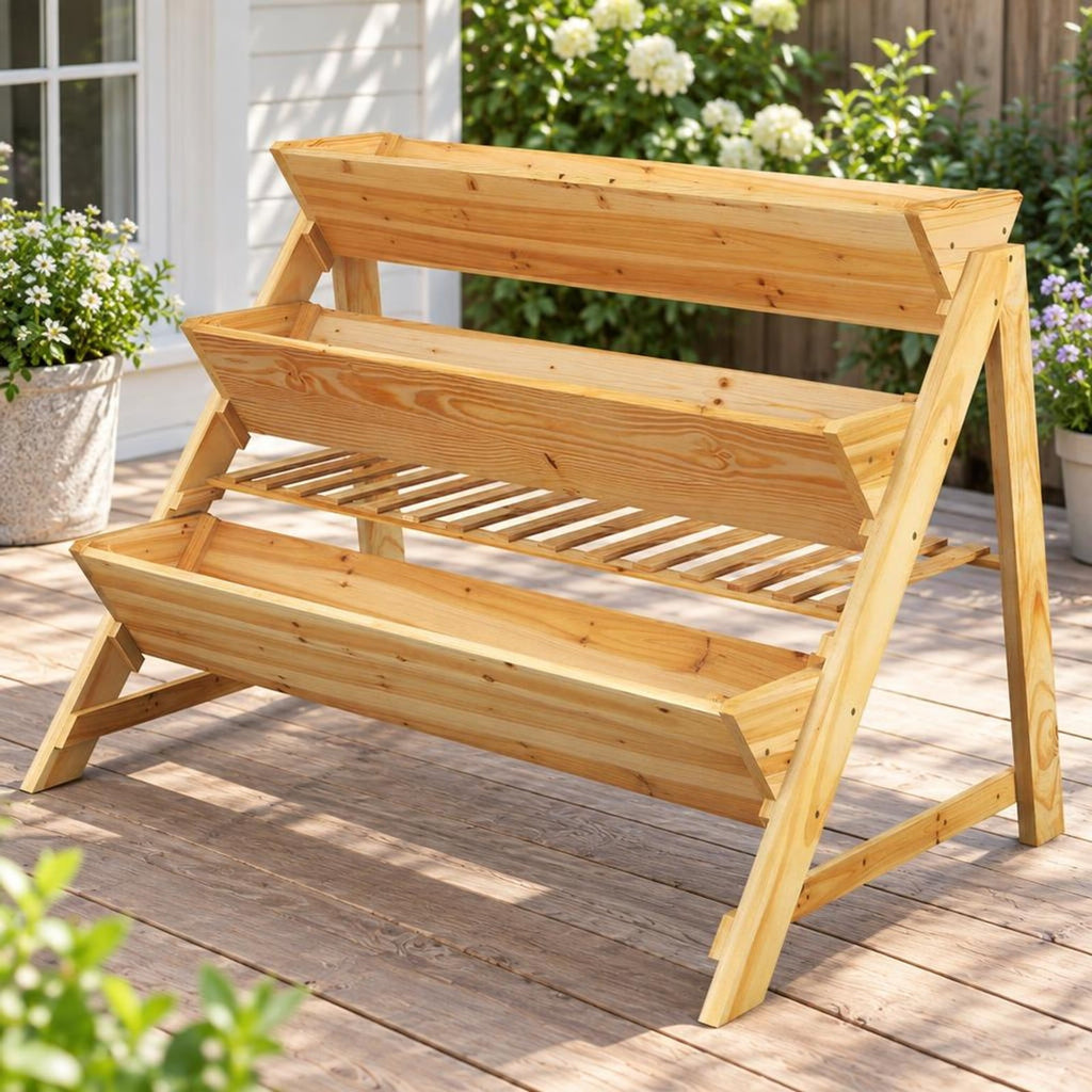 Airfind 3 Tier Wooden Vertical Raised Garden Bed with Storage Shelf, Fir wood Frame, 47 x 30 x 32 Footprint, Natural