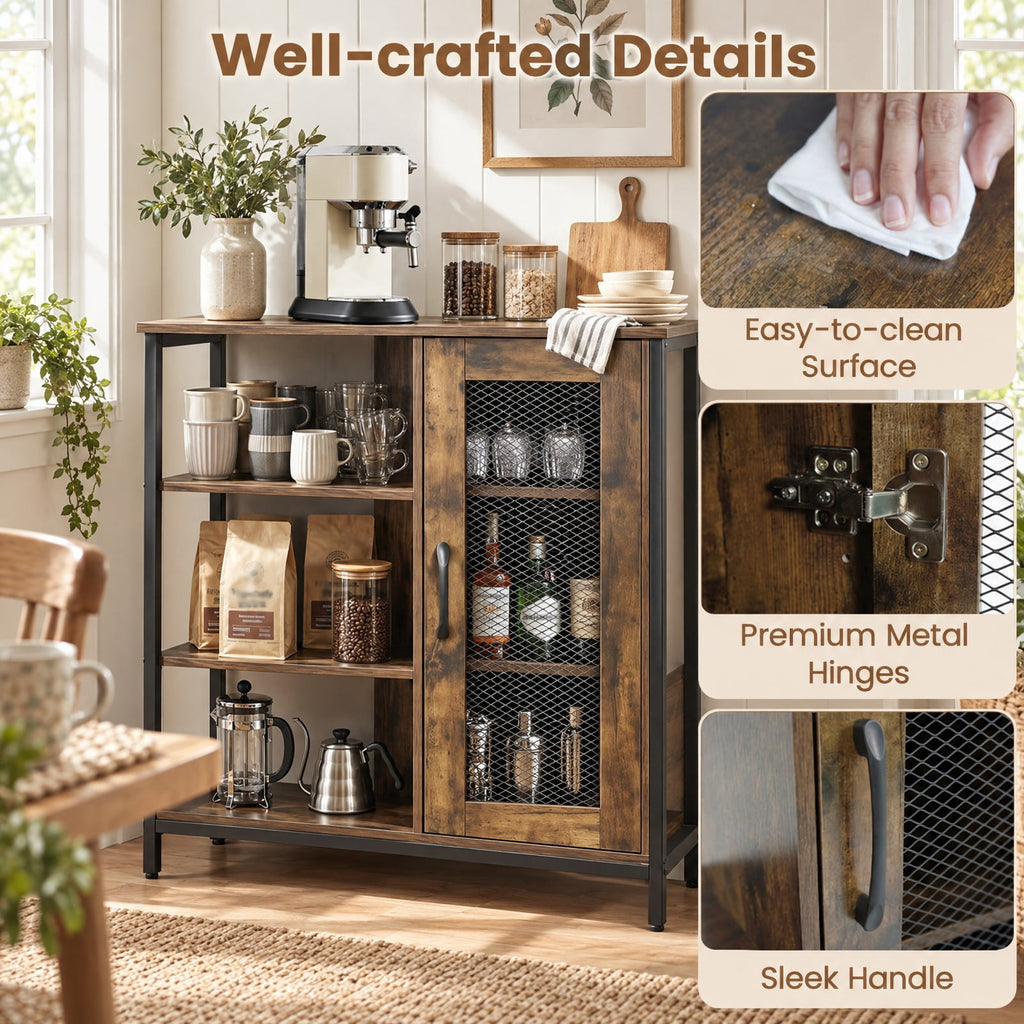 AIRFIND Storage Cabinet with Mesh Door, 3 Open Shelves and 2 Adjustable Interior Shelves, 27.5 in Industrial Buffet Sideboard, Rustic Brown