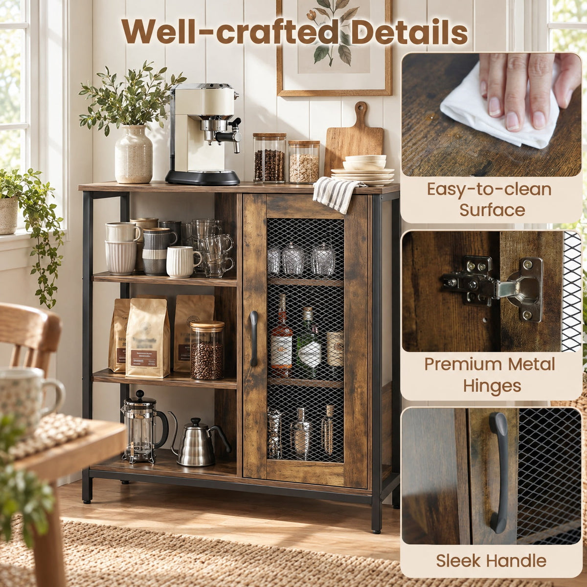 AIRFIND Storage Cabinet with Mesh Door, 3 Open Shelves and 2 Adjustable Interior Shelves, 27.5 in Industrial Buffet Sideboard, Rustic Brown