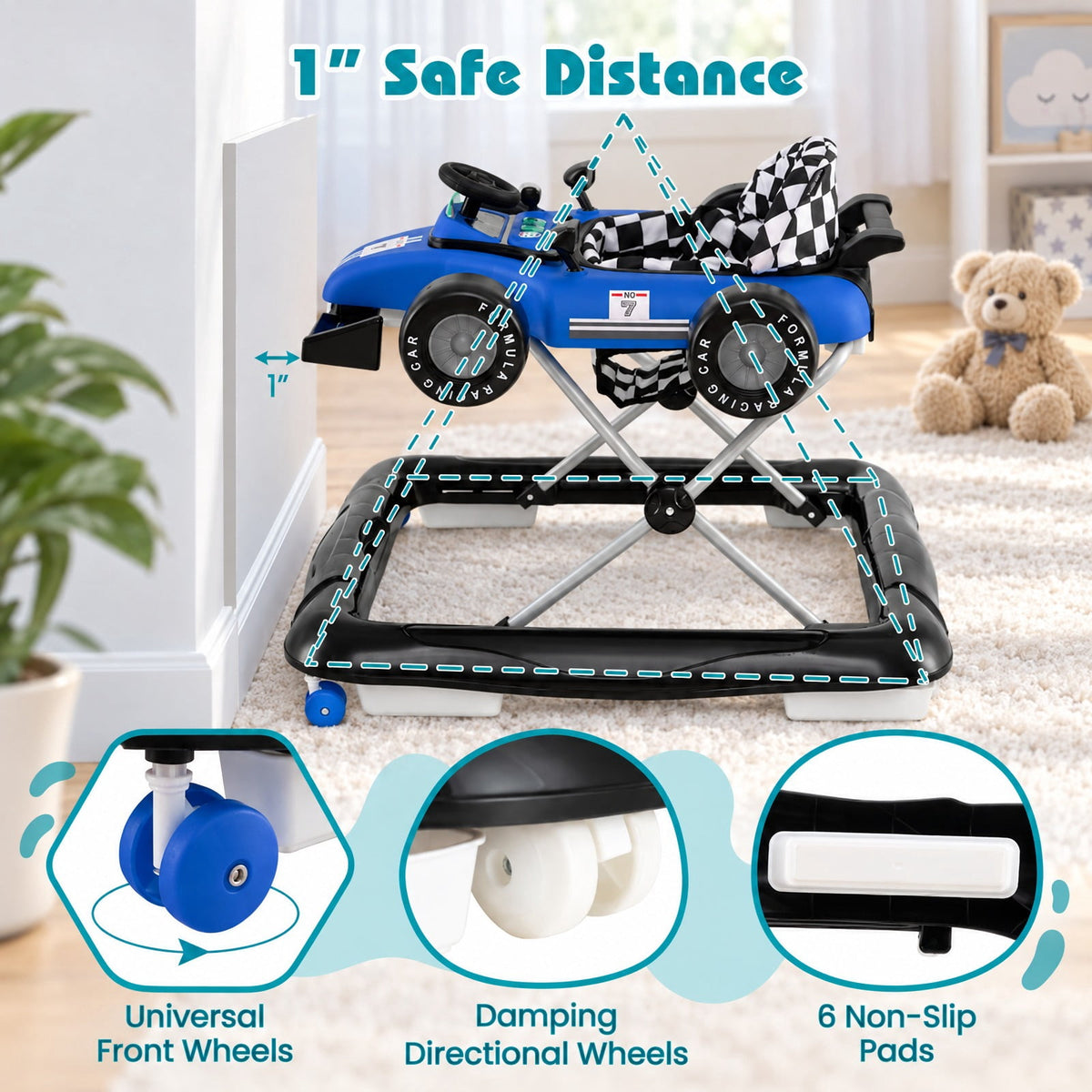 Airfind 4-in-1 Youth Push Walker Activity Center Height Adjustable featuring Music Box, 26.5 lbs Capacity, PP Metal Frame, for 6-18 Months, Blue