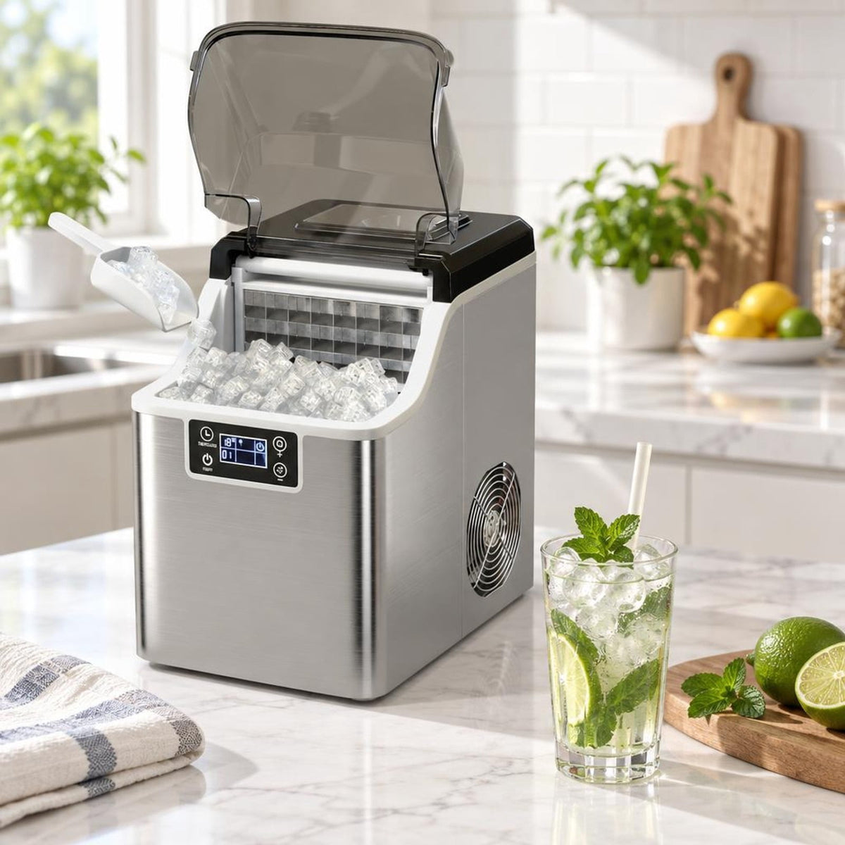 Airfind Electric Countertop Ice Maker with Ice Scoop and Basket, Stainless steel PP Frame, 10 x 14 x 15 Footprint, Silver