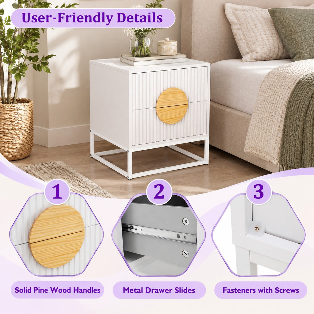 Airfind Modern Mid Century Fluted Nightstand with 2 Drawers and Pine Wood Handles for Bedroom, 66 lbs Capacity, Engineered Wood MDF Pine Wood Frame