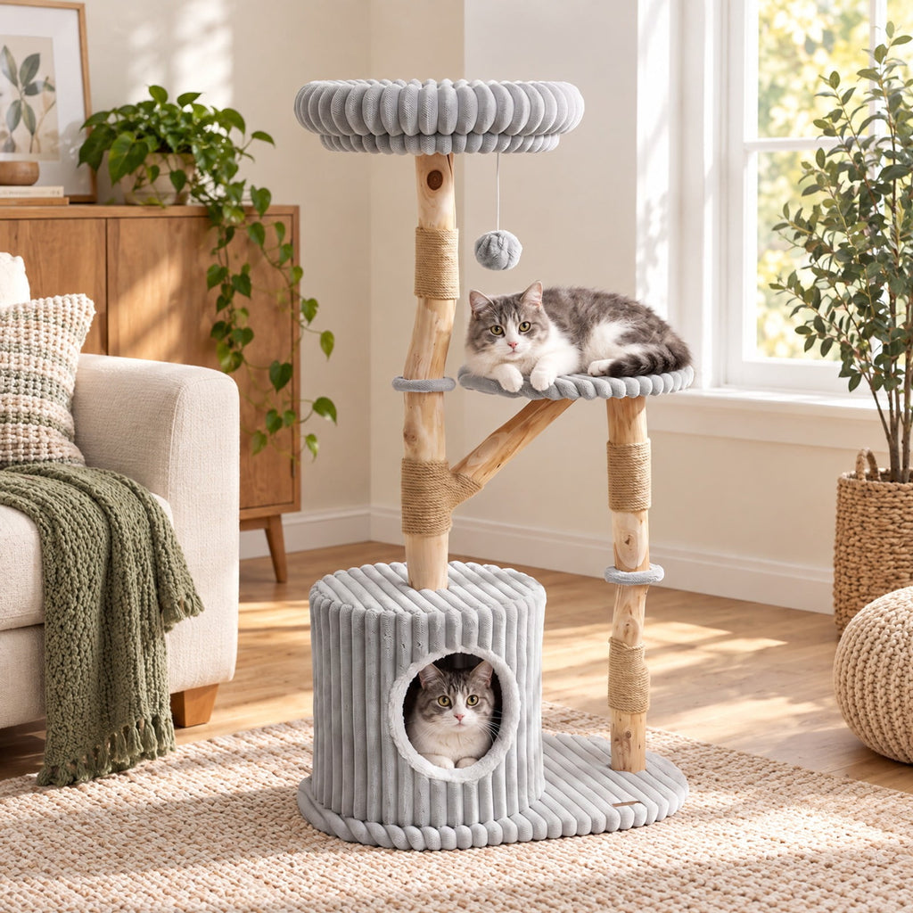 Airfind Solid Wood Cat Tree 41 Inch with Real Branches Scratching Posts and Cozy Bed, 22 lbs Capacity, Pear Wood Frame, 22 x 16 x 41 Footprint