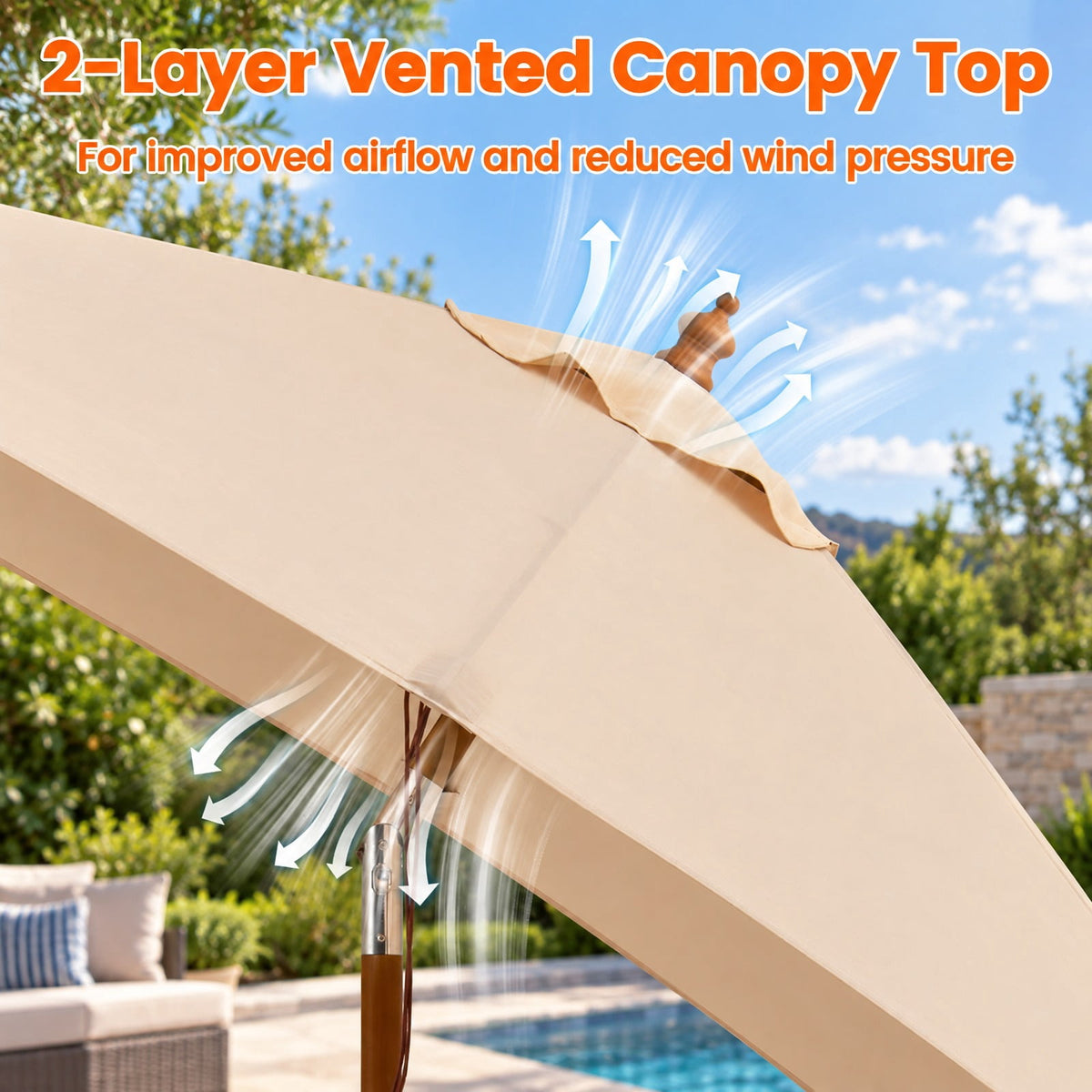 Airfind 7 Feet Outdoor Rectangular Patio Umbrella with 3 Adjustable Heights, Fabric Hardwood Bamboo Frame, 7 x 5.5 x 7.7 ft Umbrella Footprint