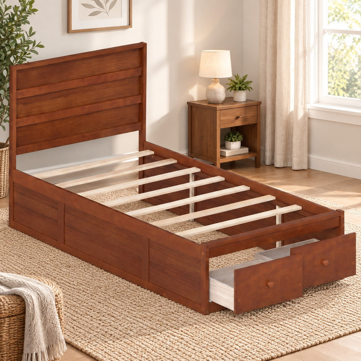 Airfind Twin Size Bed Frame with Storage Drawers and Headboard, 350 lbs Capacity, Solid Wood Plywood Engineered Wood MDF Frame, Gray