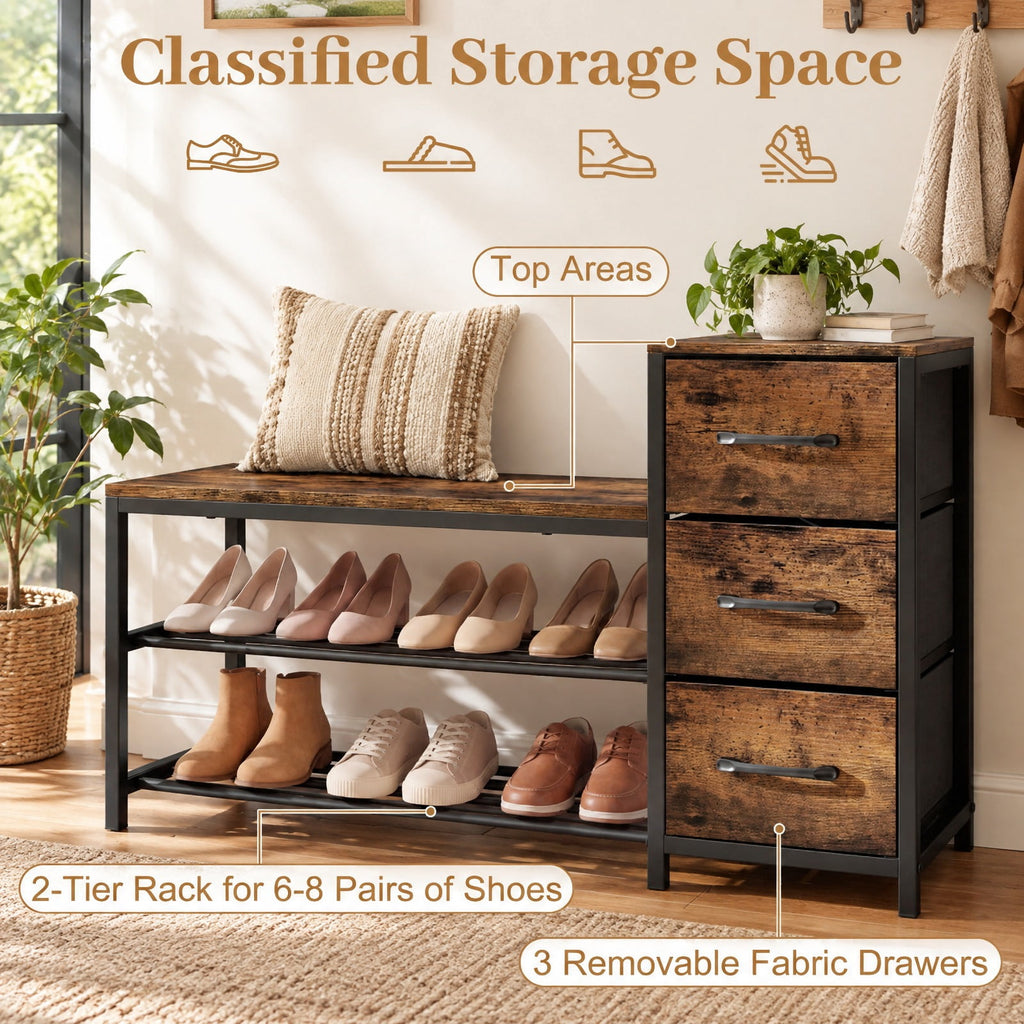 Airfind 3-Tier Industrial Shoe Bench with 3 Removable Fabric Drawers and Anti-toppling Kits, 209 lbs Capacity, Engineered Wood Frame, Brown