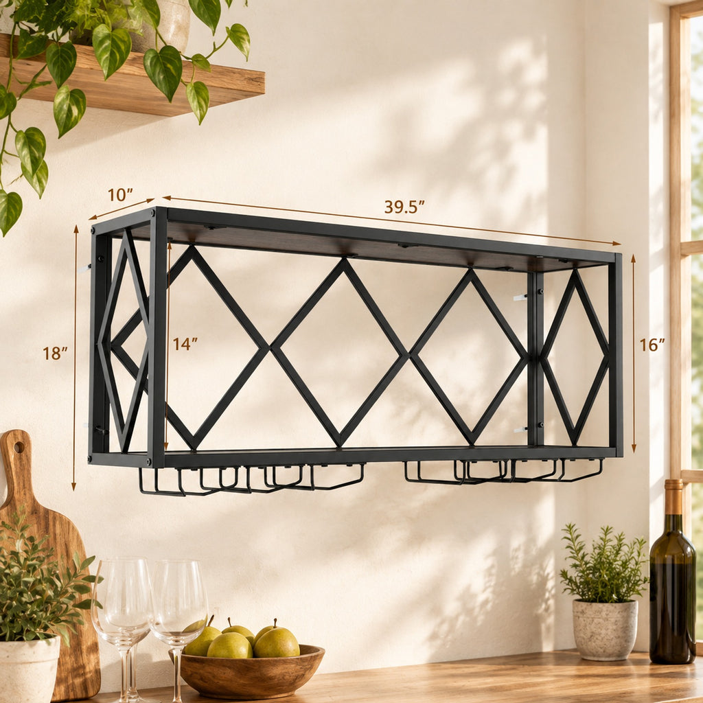 Airfind Wall Mounted Wine Rack for 39 Bottles and 12 Glasses, Shelf 100 lbs Capacity, Metal Engineered Wood Frame, Rustic Brown Black