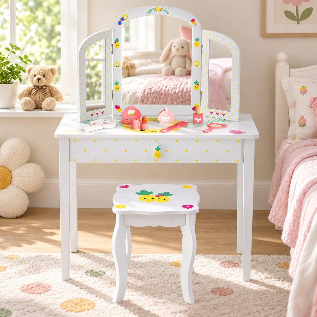 Airfind Youth Vanity Table and Stool Set with Tri-Folding Mirror, Large Storage Drawer and Anti-Tip Design for Bedroom, White