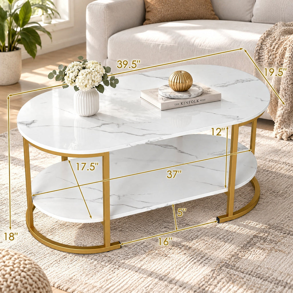 Airfind Oval Coffee Table 2-Tier Wooden Accent Table with Spacious Tabletop and Open Storage Shelf, Engineered Board Metal Frame, White