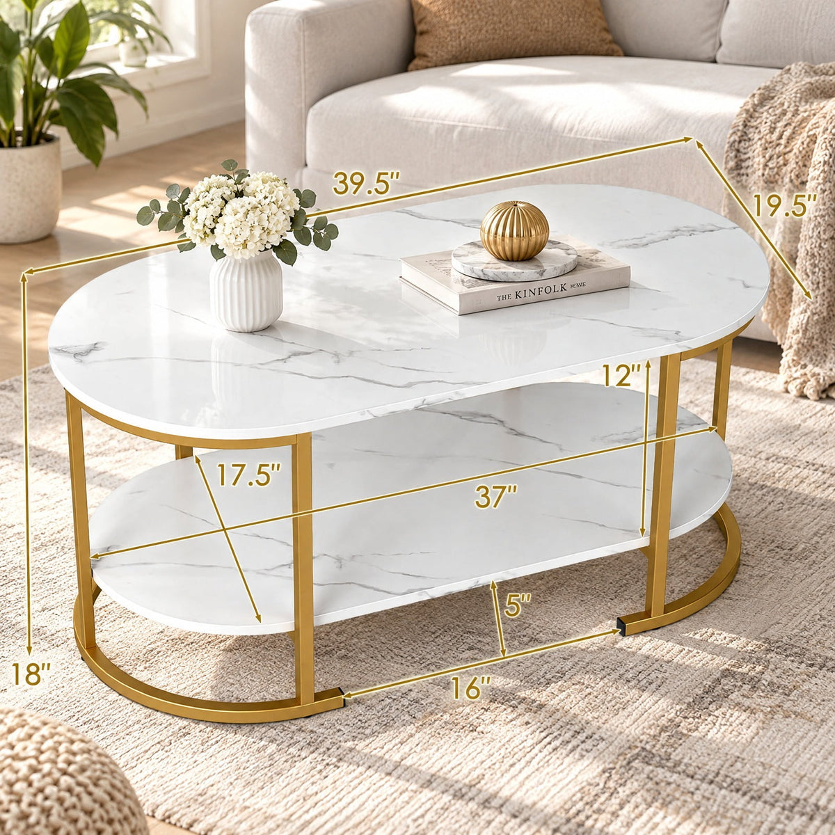 Airfind Oval Coffee Table 2-Tier Wooden Accent Table with Spacious Tabletop and Open Storage Shelf, Engineered Board Metal Frame, White