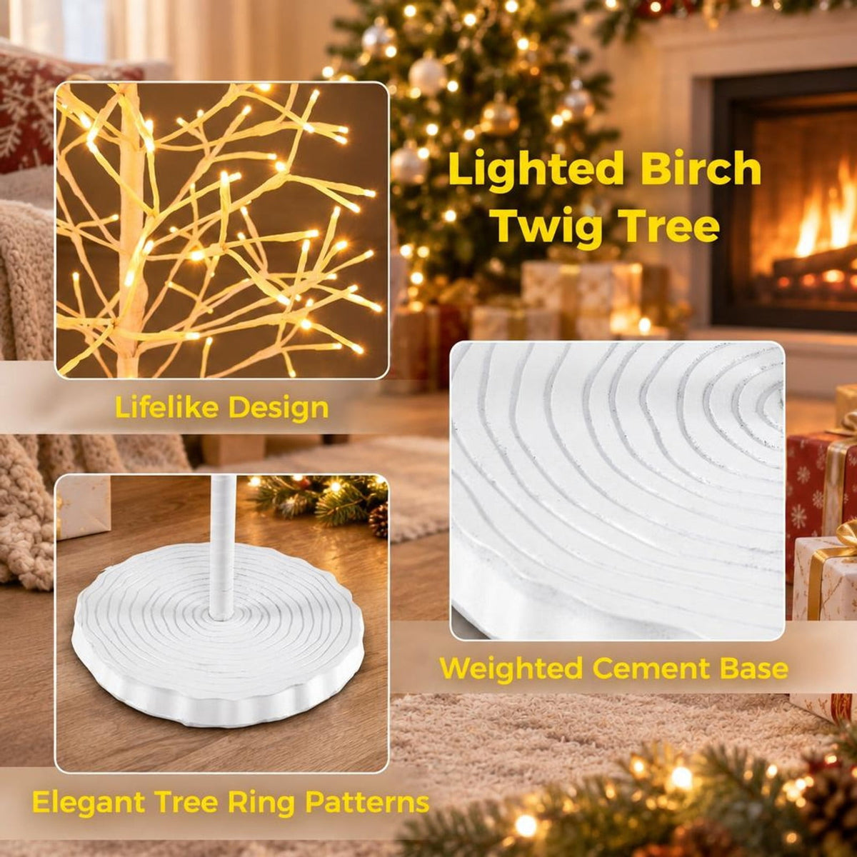 Airfind 5 FT Lighted Birch Tree Pre-lit Twig Tree with 240 Warm White Light LED Lights-5 FT, Metal PVC Concrete Frame, White