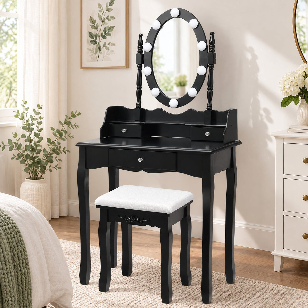 Airfind Oval Mirror Vanity Set with 10 LED Dimmable Bulbs and 3 Drawers, 287 lbs Capacity, MDF Pine Frame, Black