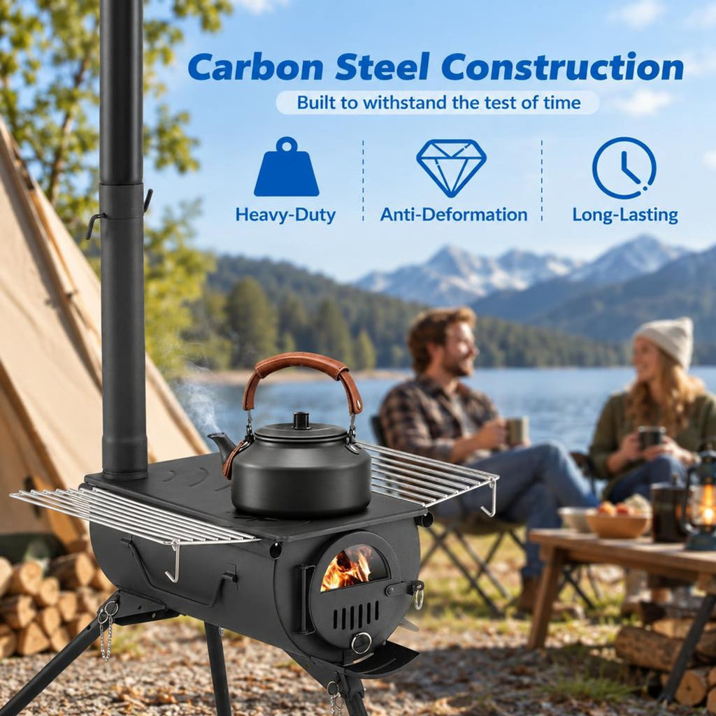 Airfind Hot Tent Stove with Chimney Pipes and Foldable Legs for Outdoor Heating, Carbon Steel Stainless Steel Frame, 33 Inch x 23 Inch x 93 Inch Footprint, Black