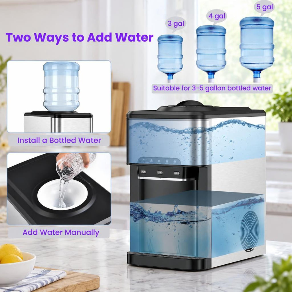 Airfind Water Cooler Dispenser 3-in-1 with Built-in Ice Maker and 3 Temperature Settings, Stainless Steel Plastic Frame, Silver