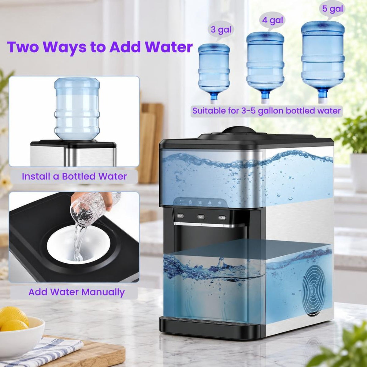 Airfind Water Cooler Dispenser 3-in-1 with Built-in Ice Maker and 3 Temperature Settings, Stainless Steel Plastic Frame, Silver