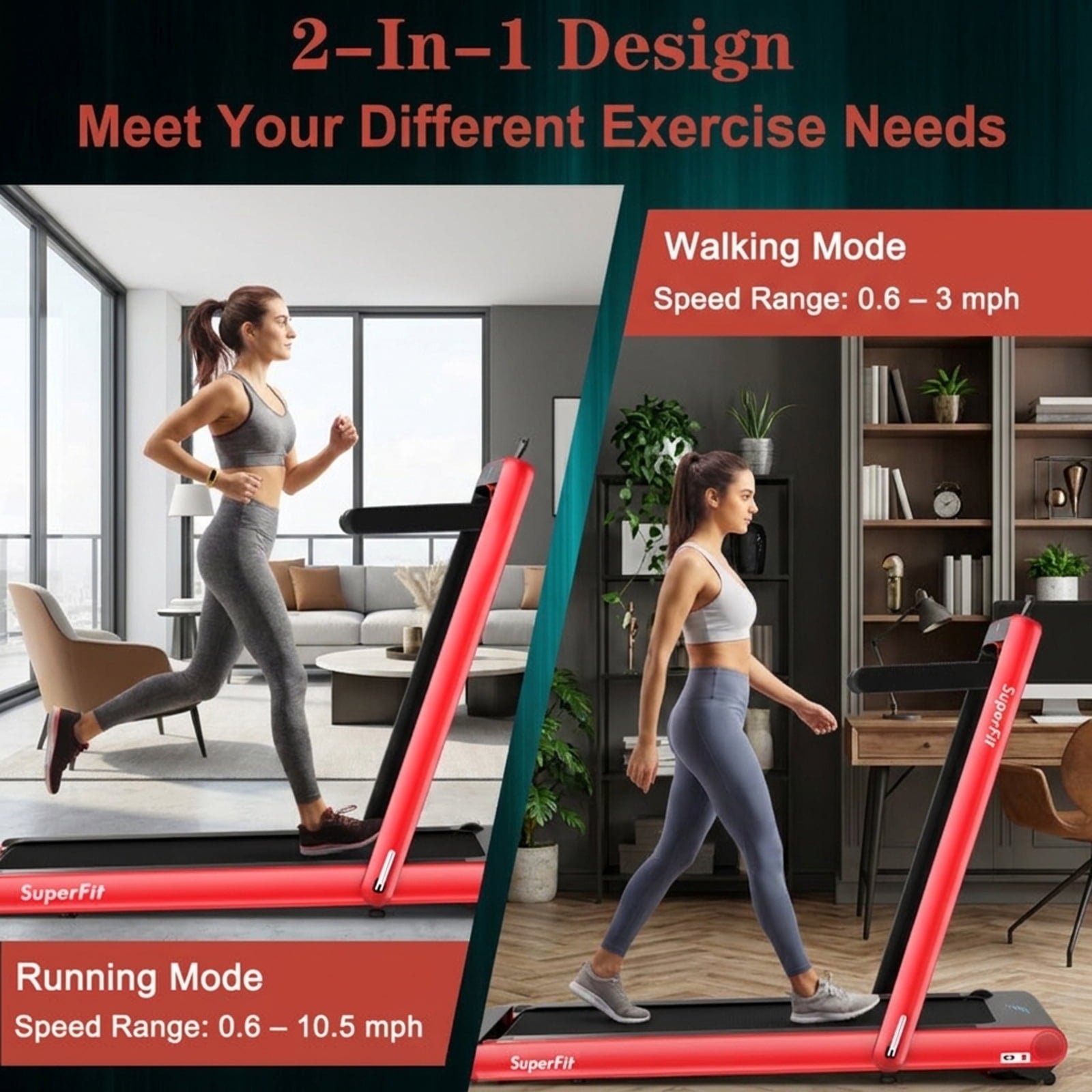 Airfind 4.75HP 2-in-1 Walk-to-Run Folding Treadmill with APP Sync, Red