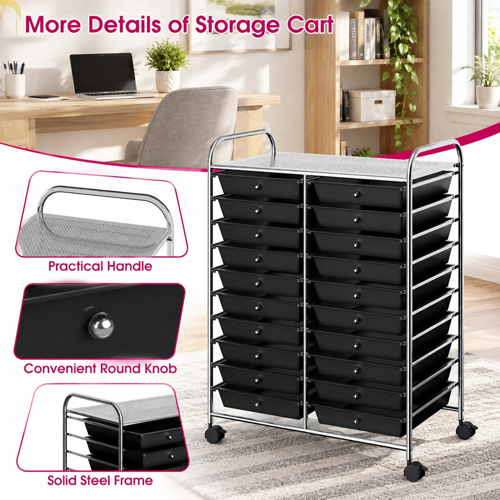 Airfind 20 Drawers Storage Rolling Cart Studio Organizer, Steel Frame, 25 Inch x15 Inch x 34 Inch Footprint, Black