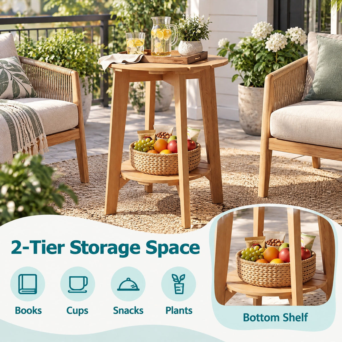 Airfind Set of 2 Eucalyptus Wood Side Table 2-Tier with Slatted Tabletop and Storage Shelf for Outdoor, 165 lbs Capacity, Eucalyptus Wood Frame