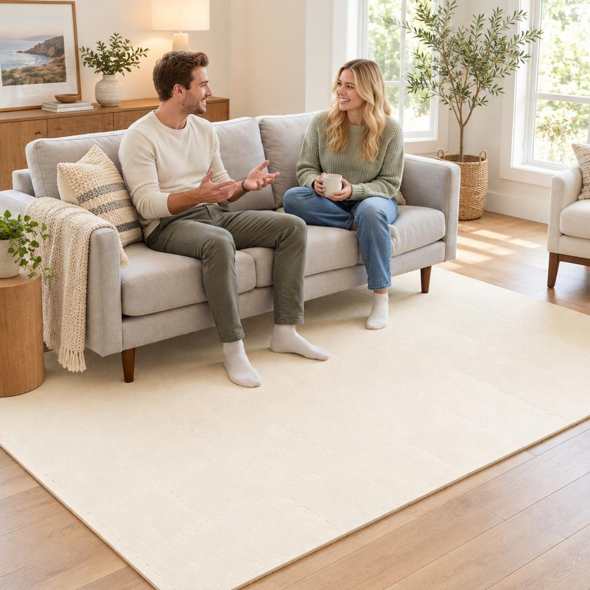 Airfind 54 Pack EVA Foam Floor Tiles with Non-Slip Borders for Home Gym, EVA Foam Frame, 107 x 72 x 0.4 Footprint, Beige