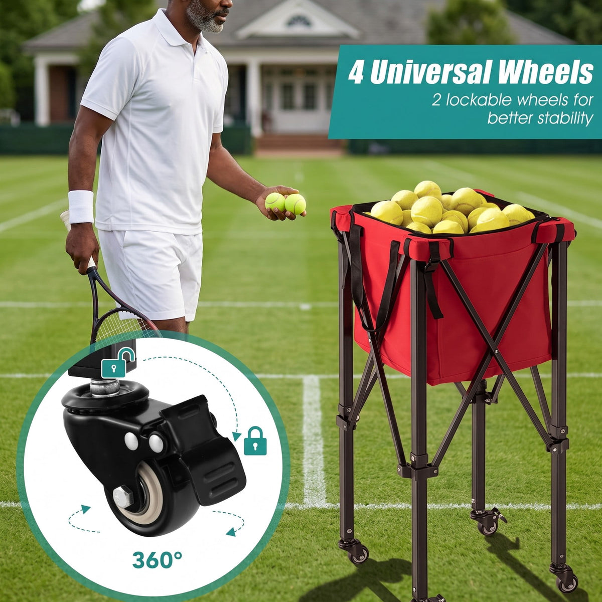 Airfind Foldable Tennis Ball Cart with Wheels and Removable Bag, Lightweight Aluminum Teaching Hopper Holds 150 Balls for Tennis Pickleball Badminton, Red