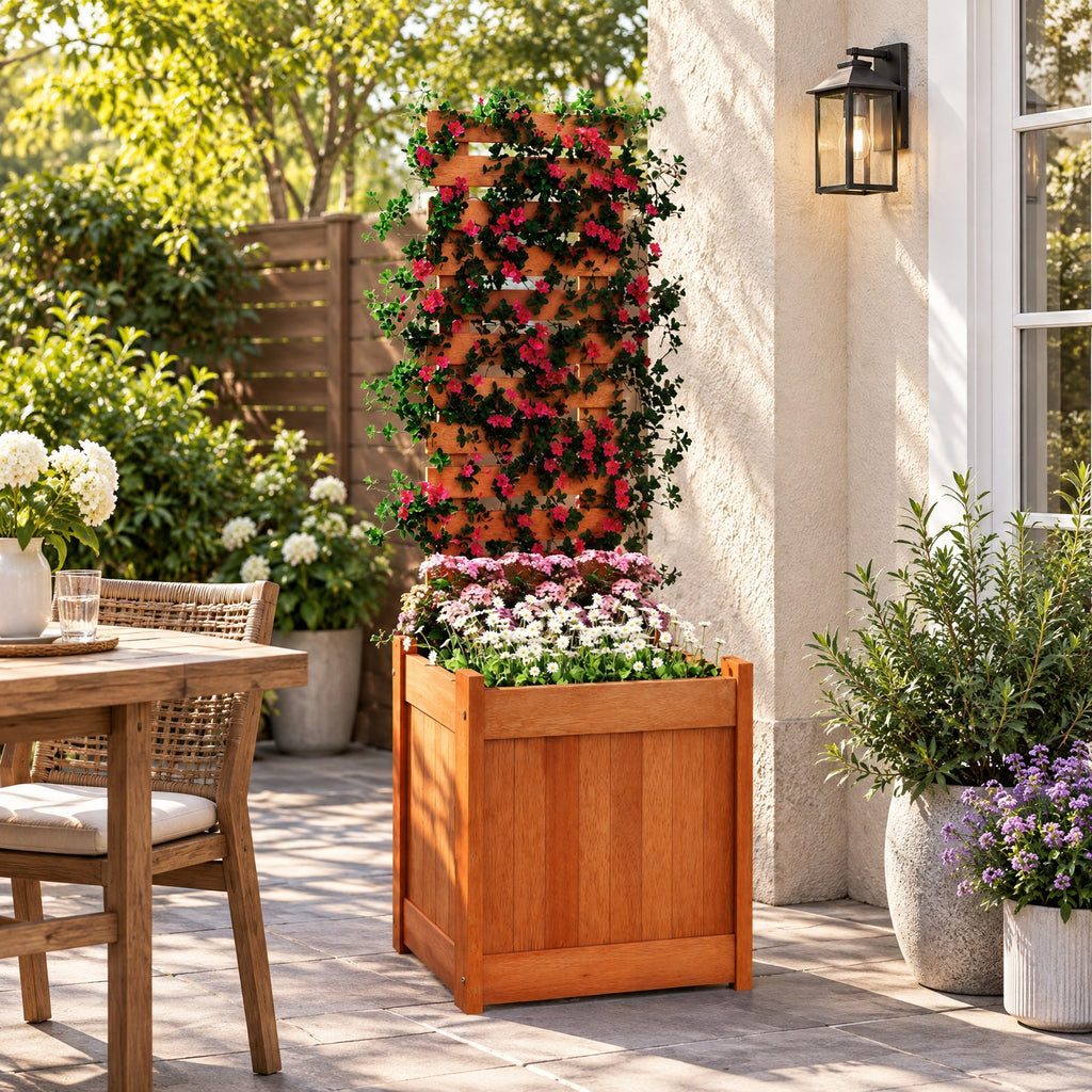 Airfind Outdoor Wooden Raised Garden Bed with Trellis, Solid Wood Frame, 16 x 16 x 48 Planter Footprint, Natural