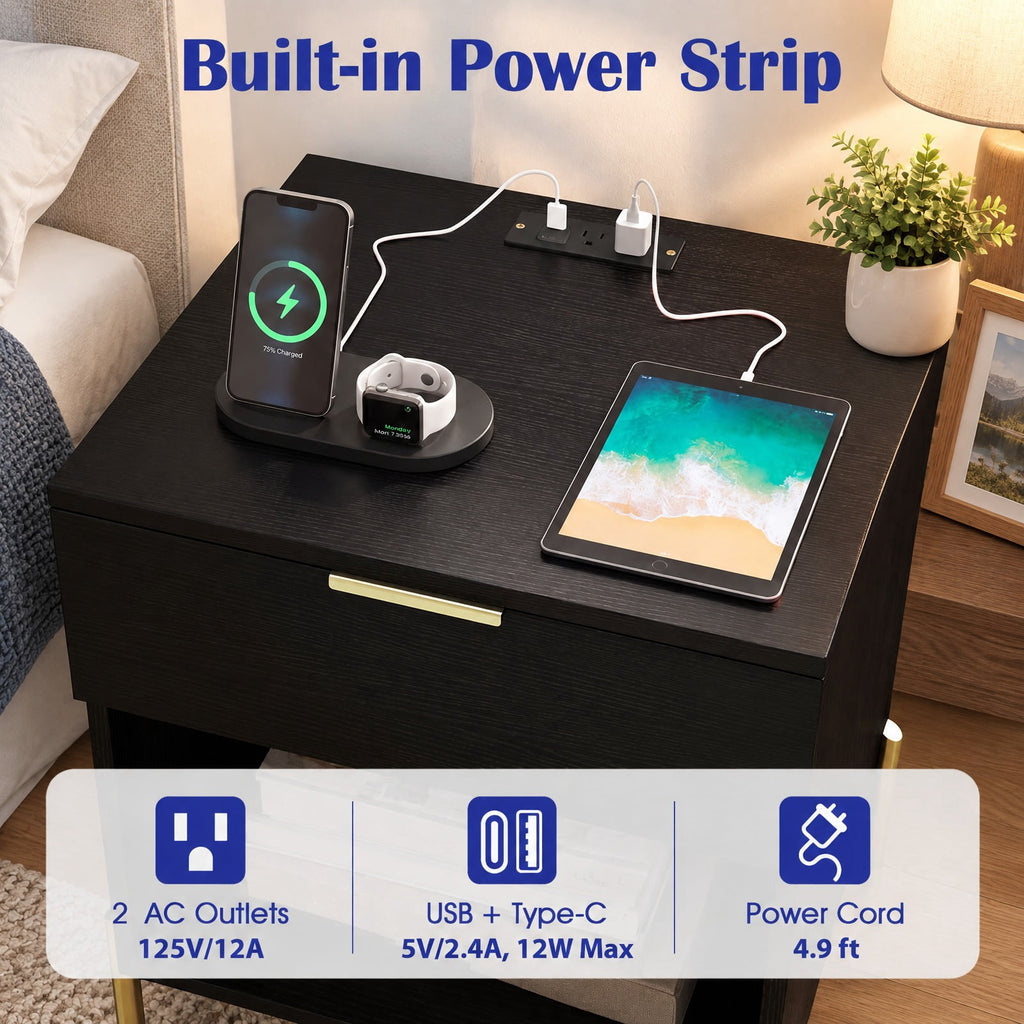 Airfind Modern Nightstand with Charging Station, Engineered Wood Metal MDF Frame, 18in x 16in x 23in Interior Footprint, Black