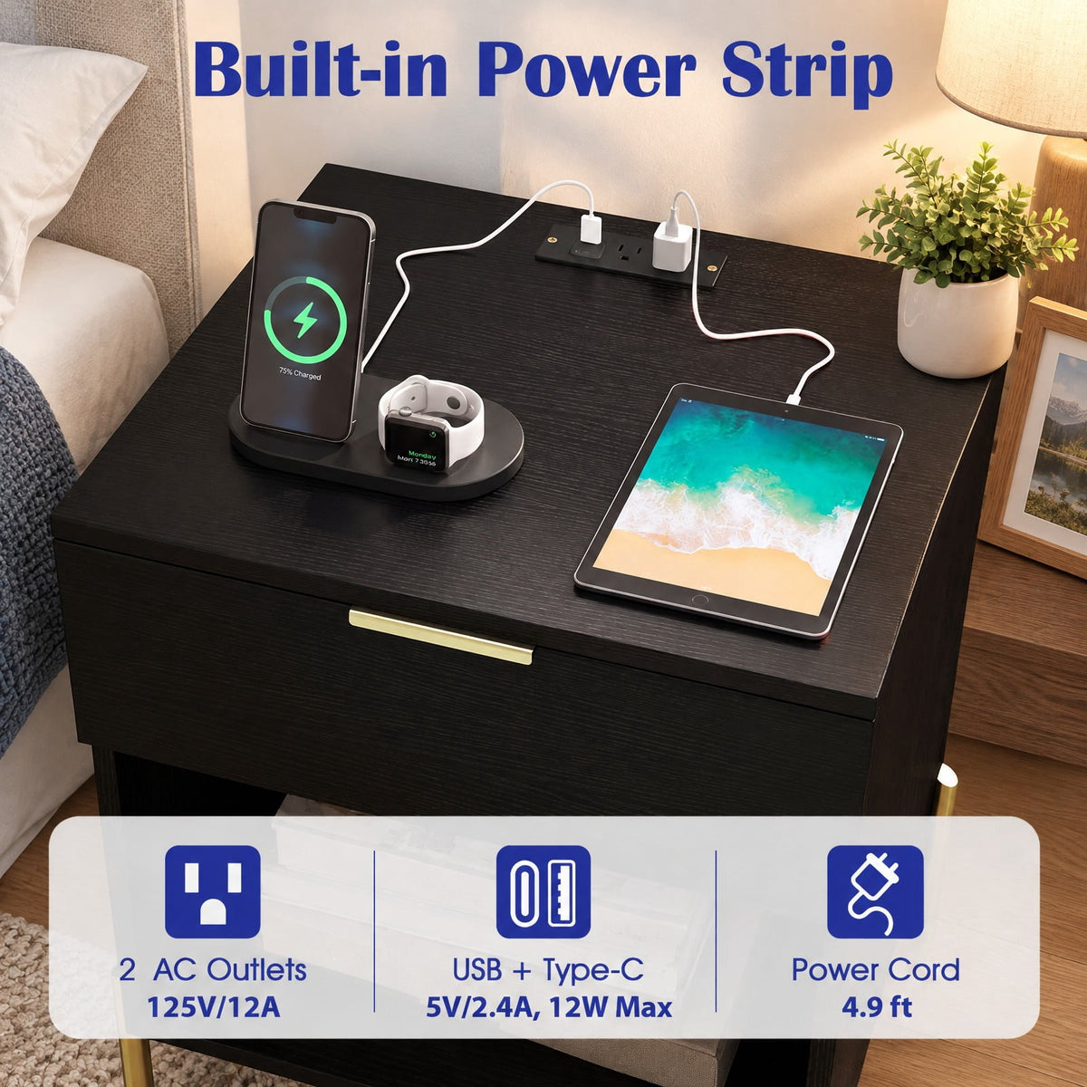 Airfind Modern Nightstand with Charging Station, Engineered Wood Metal MDF Frame, 18in x 16in x 23in Interior Footprint, Black