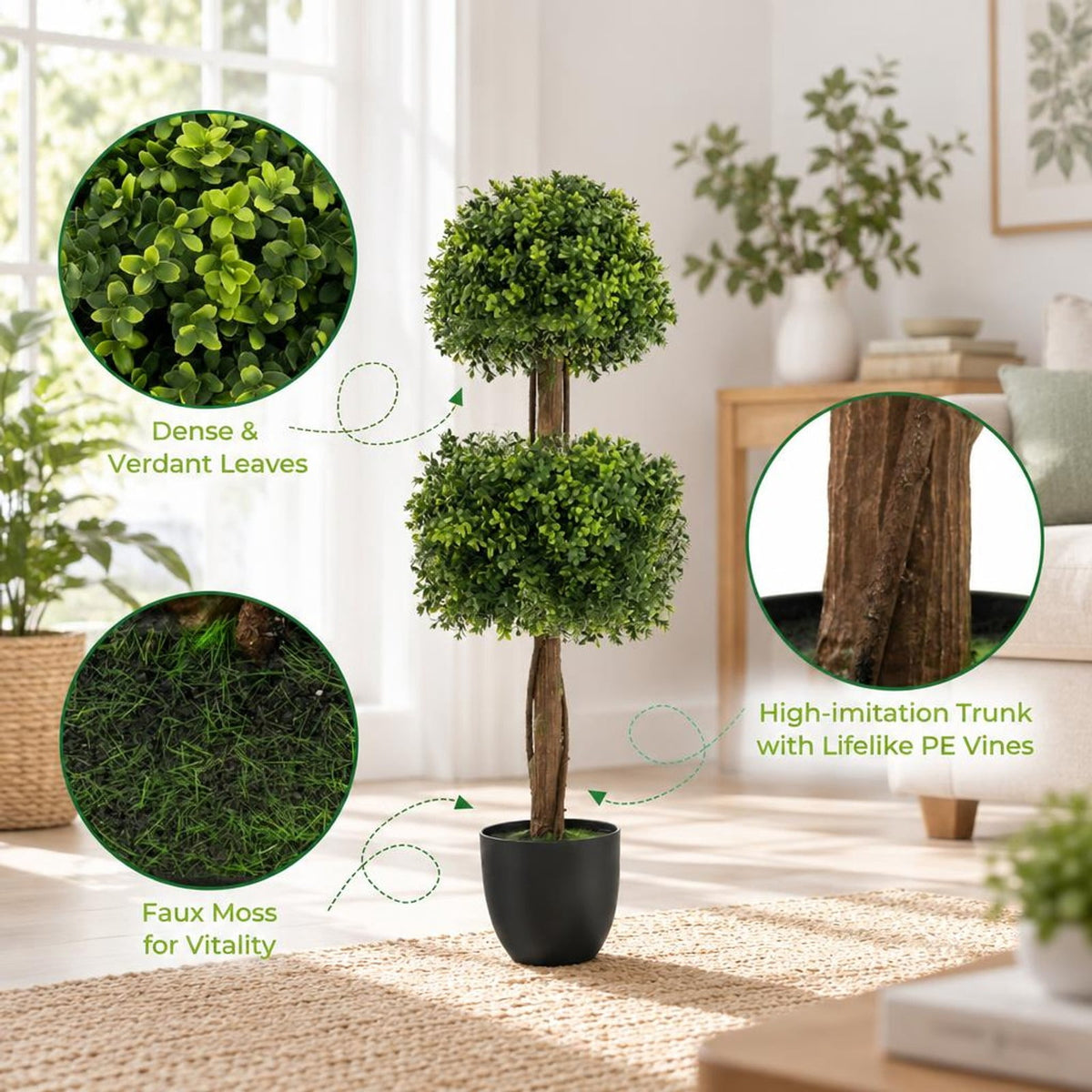 Airfind 40 Inch Artificial Boxwood Topiary Ball Tree for Front Porch Patio Home, PP Cement PE for Convenient Everyday Use, Green