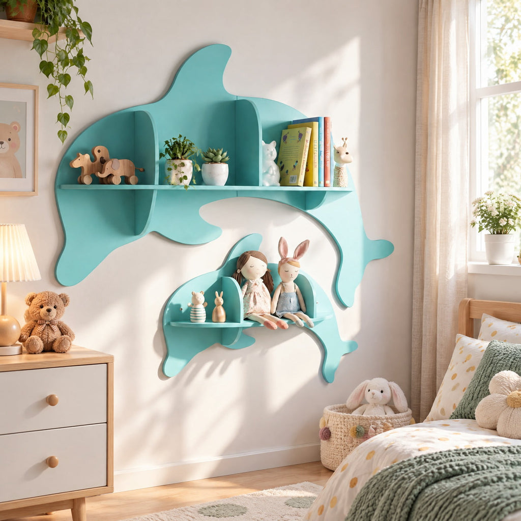 Airfind Floating Dolphin Shelves Wall Mounted Storage Display Rack, 11 lbs Capacity, MDF Frame, 38 x 6 x 27 Footprint, Blue