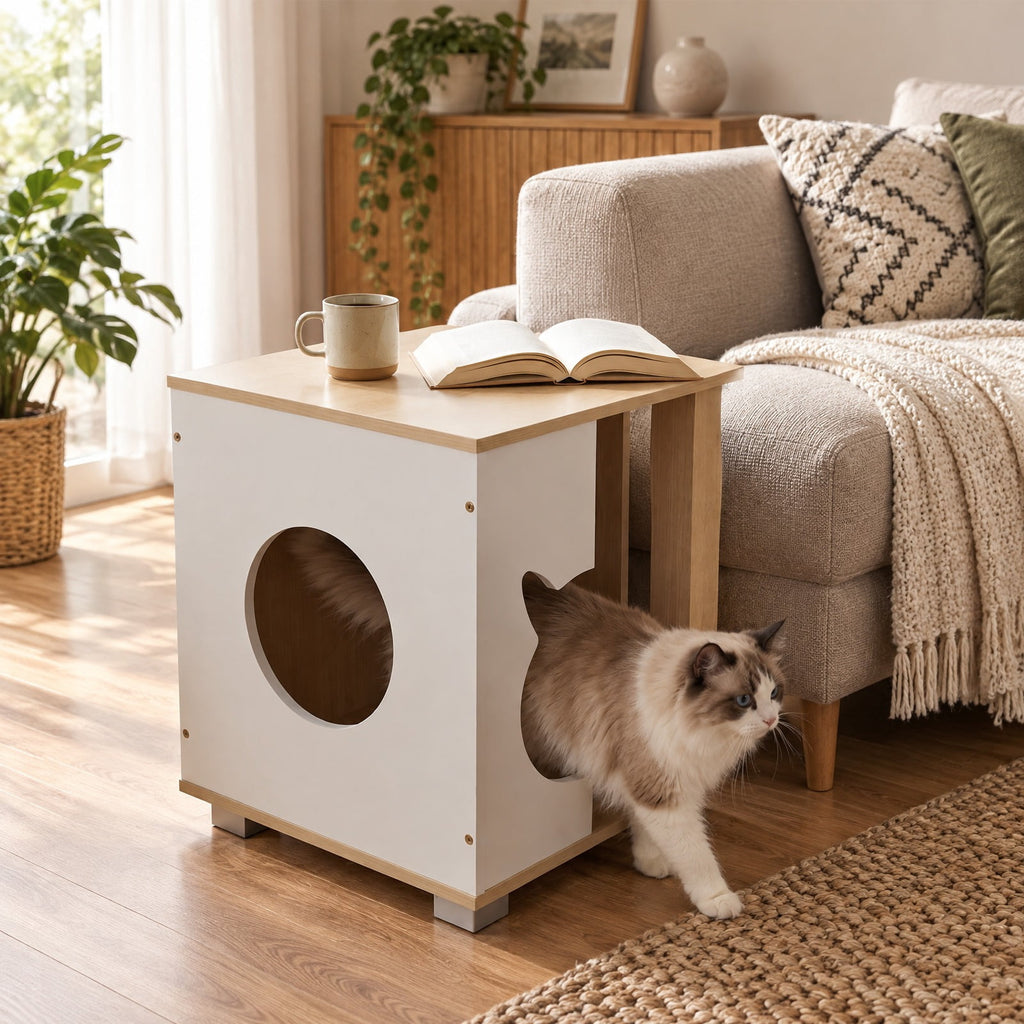 Airfind Wooden Semi-enclosed Cat Condo with Kitty Head-shaped Entry and Metal Legs, 44 lbs Capacity, Engineered Board Metal Frame, Natural