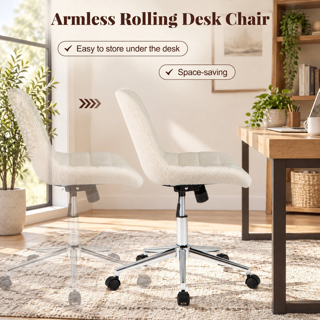 Airfind Teddy Fleece Armless Office Chair Makeup Vanity Chair, 250 lbs Capacity, Metal Teddy Fleece Sponge Nylon Frame, White
