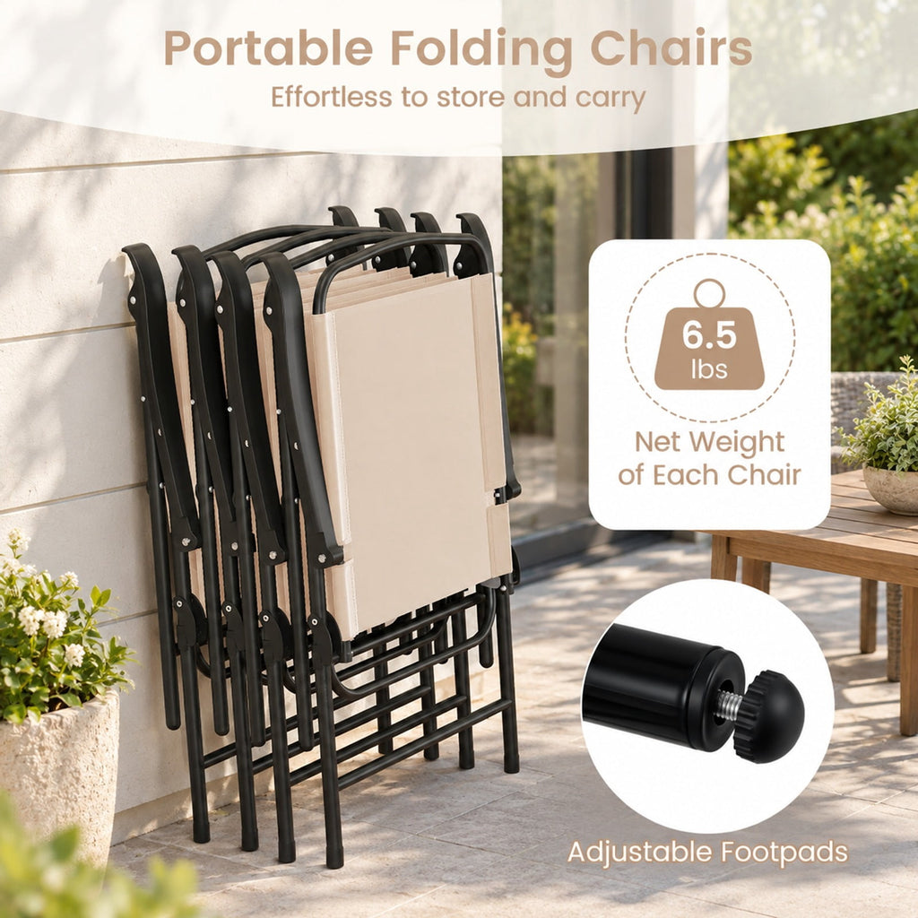 Airfind 6 Pieces Patio Dining Set with Umbrella and 4 Folding Armchairs, 165 lbs Capacity, Metal Fabric Frame, 23 x 21.5 x 34 Footprint, Beige
