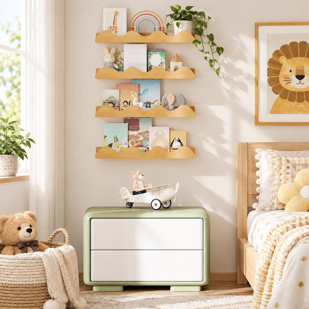 Airfind 16 Inch Kids Bookshelf Set of 4 Floating Nursery Book Shelves for Decoration Book Toy Storage, 11 lbs Capacity, Fir Wood Frame, Natural